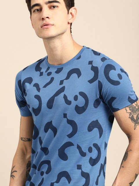 

ether Men Blue Printed Round Neck T-shirt