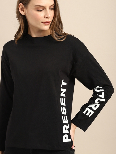 

ether Women Black Printed Round Neck T-shirt