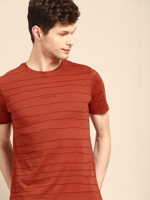 

ether Men Rust Striped Round Neck T-shirt