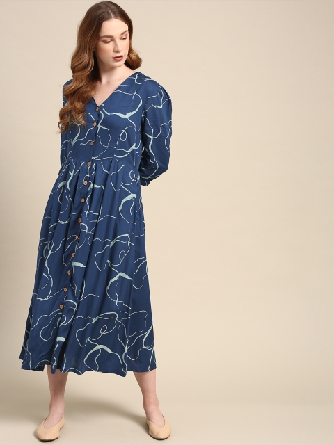 

ether Women Printed Teal Blue A-Line Dress