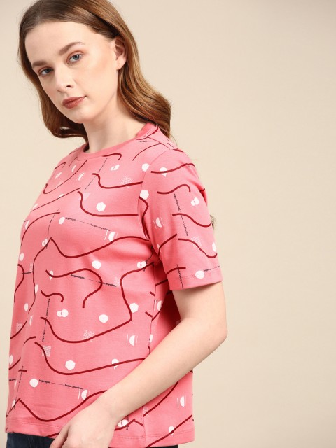 

ether Women Pink & White Printed Round Neck T-shirt