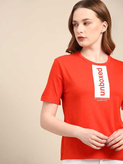 

ether Women Rust Orange Printed Round Neck T-shirt