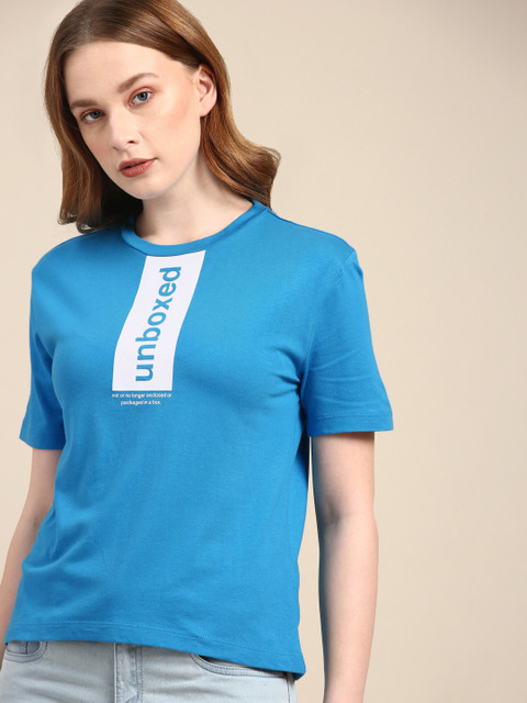 

ether Women Blue Printed Round Neck T-shirt