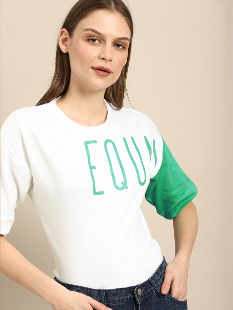 

ether Women White & Green Printed Round Neck T-shirt