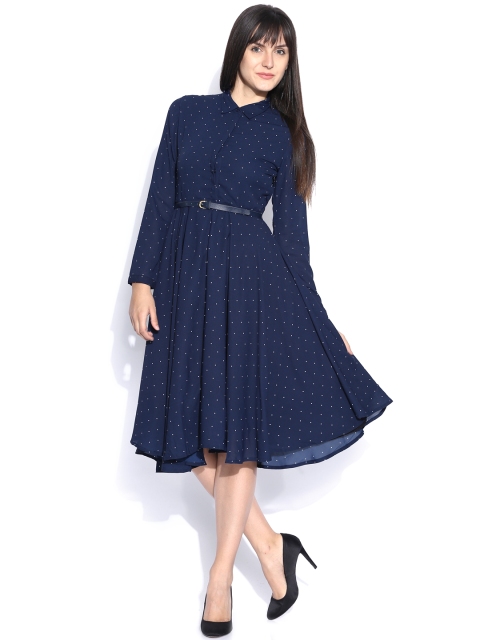 

Tokyo Talkies Navy Printed Fit & Flare Dress, Navy blue