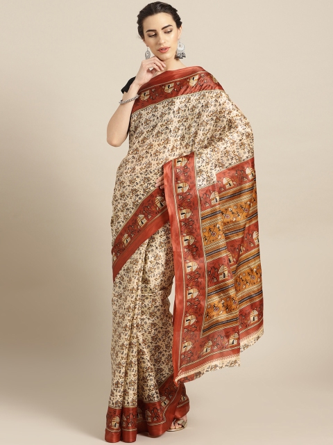 

Chhabra 555 Beige & Rust Brown Printed Bhagalpuri Saree