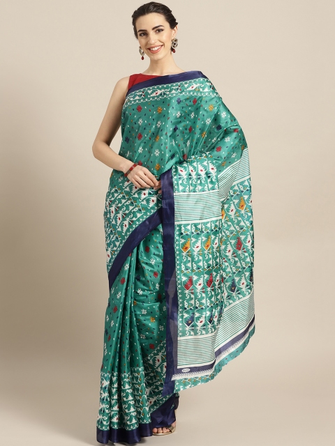 

Chhabra 555 Turquoise Green & White Printed Bhagalpuri Saree