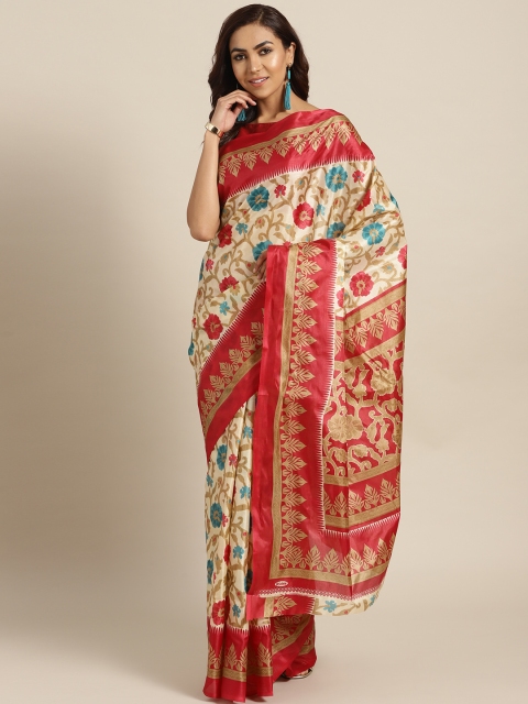 

Chhabra 555 Beige & Red Printed Bhagalpuri Saree