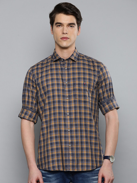 

Louis Philippe Jeans Men Navy Blue & Khaki Brown Slim Fit Checked Casual Shirt
