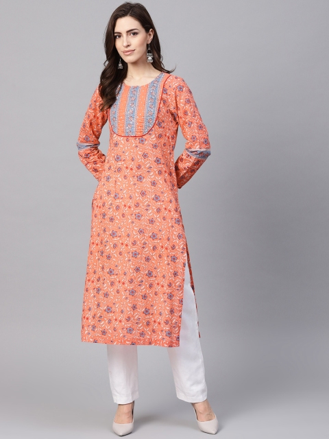

Rain & Rainbow Women Coral Orange & Blue Printed Straight Kurta