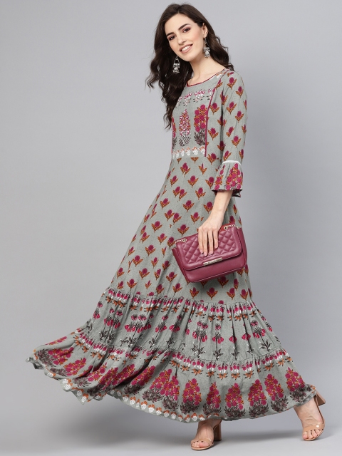 

Rain & Rainbow Women Green & Red Printed Tiered Maxi Dress