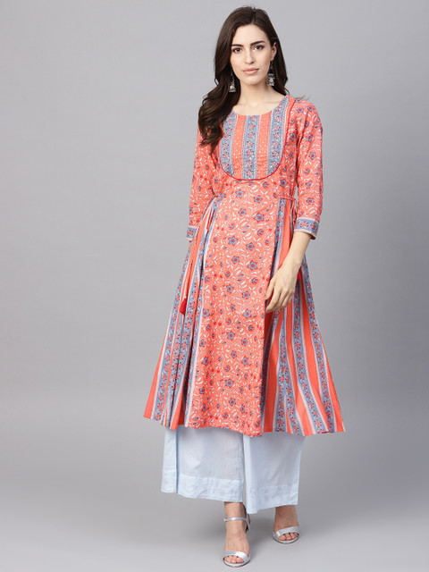 

Rain & Rainbow Women Coral Orange & Blue Floral Printed A-Line Kurta