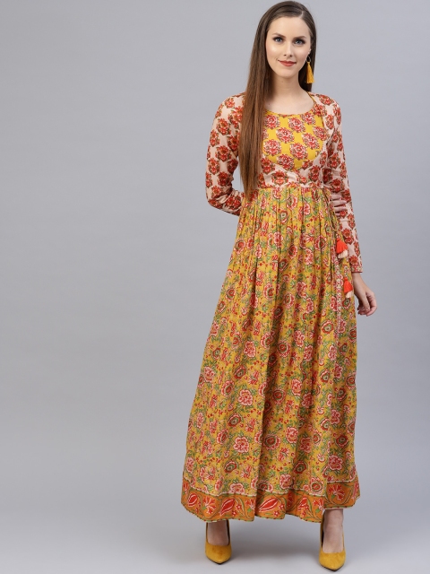 

Rain & Rainbow Women Mustard Yellow & Orange Printed Maxi Dress