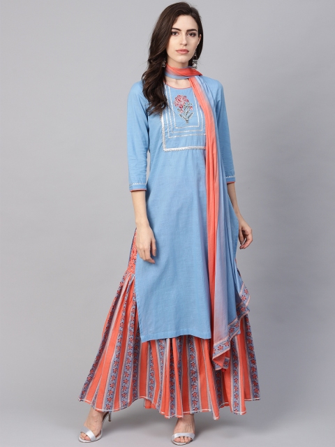 

Rain & Rainbow Women Blue & Orange Yoke Design Kurta with Sharara & Dupatta
