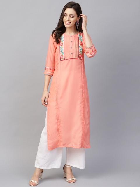

Rain & Rainbow Women Peach-Coloured Floral Yoke Design Straight Kurta