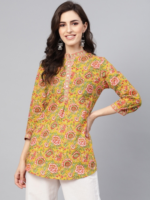 

Rain & Rainbow Women Mustard Yellow & Green Printed Straight Kurti