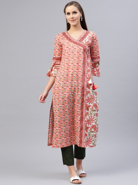 

Rain & Rainbow Women Peach-Coloured & White Printed Angrakha Kurta