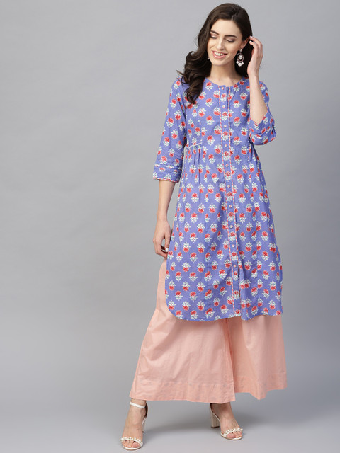 

Rain & Rainbow Women Blue & Red Printed Straight Kurta