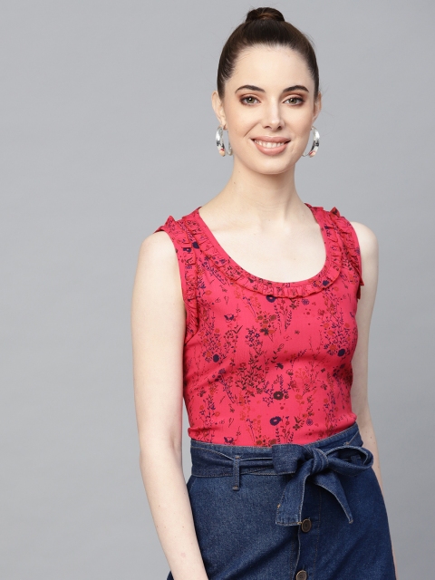 

I AM FOR YOU Women Pink & Navy Floral Print A-Line Top