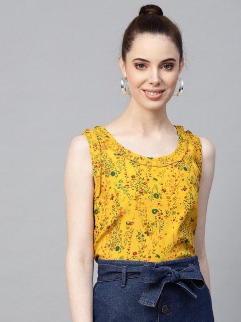 

I AM FOR YOU Women Mustard Yellow Floral Print A-Line Top