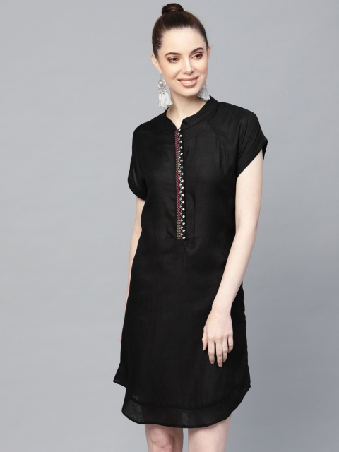 

I AM FOR YOU Women Black Self Design A-Line Dress