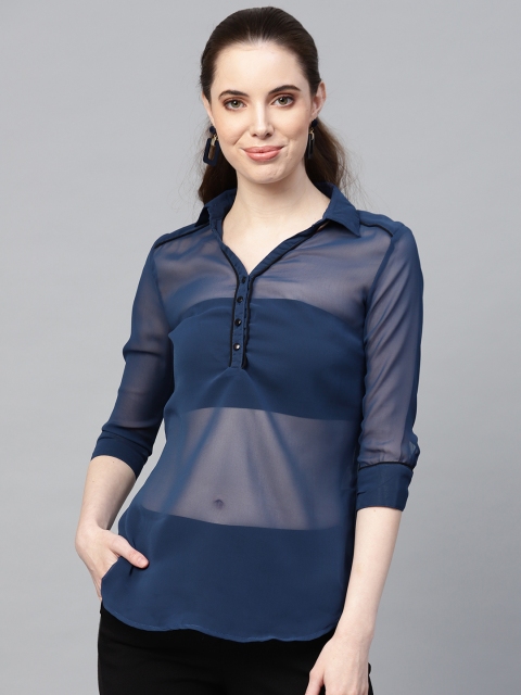 

I AM FOR YOU Women Navy Blue Solid Sheer Top