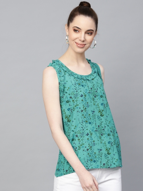 

I AM FOR YOU Women Green Floral Print A-Line Top