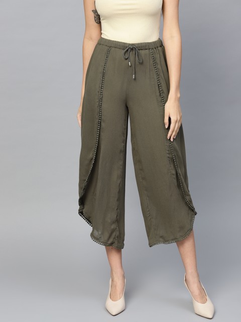 

I AM FOR YOU Women Olive Green Loose Fit Solid Culottes