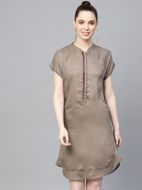 

I AM FOR YOU Women Taupe Self Design A-Line Dress