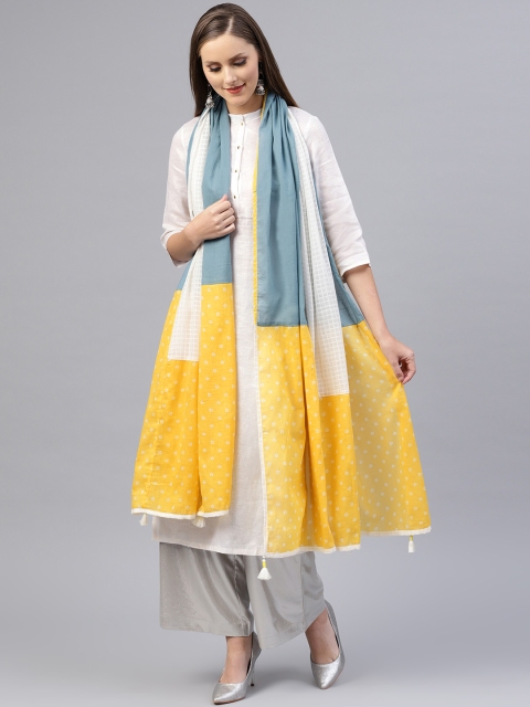 

Rain & Rainbow Women White & Yellow Colourblocked Dupatta