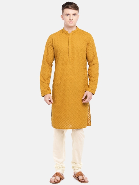 

Ethnicity Men Yellow & Off-White Embroidered Kurta with Pyjamas