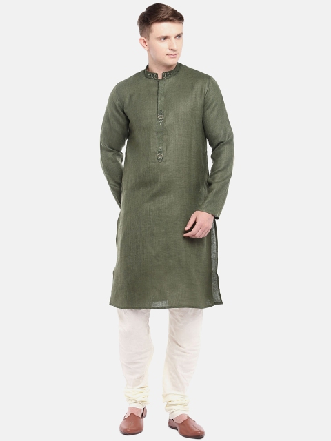 

Ethnicity Men Olive Green Solid Straight Kurta