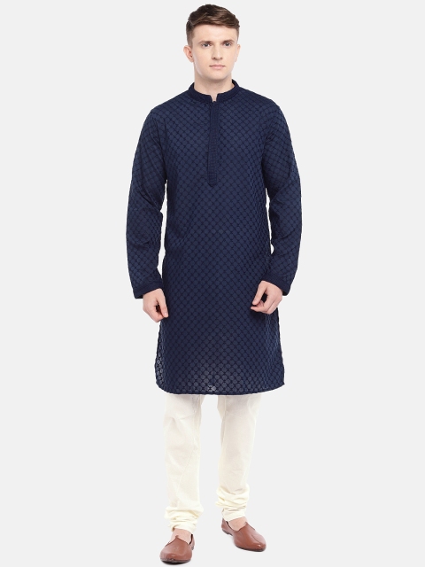 

Ethnicity Men Navy Blue & White Self Design Kurta with Pyjamas