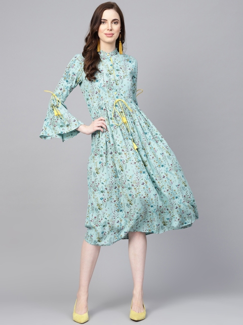 

I AM FOR YOU Women Blue Printed Fit & Flare Dress