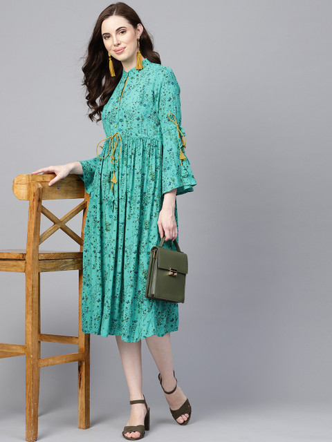 

I AM FOR YOU Women Sea Green Printed A-Line Dress