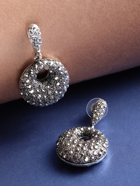 

PRITA Silver-Plated Stone-Studded Oxidised Circular Drop Earrings