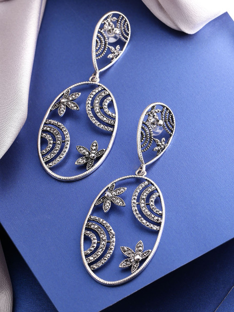 

PRITA Oxidised Silver-Plated Stone-Studded Oval Drop Earrings