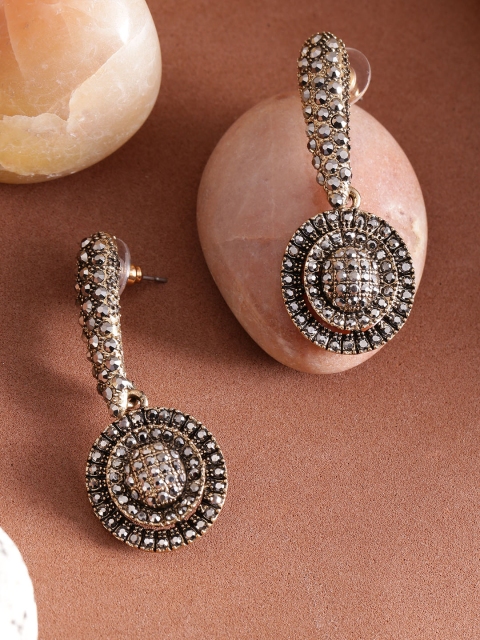 

PRITA Charcoal Grey Antique Gold-Plated Circular Drop Earrings