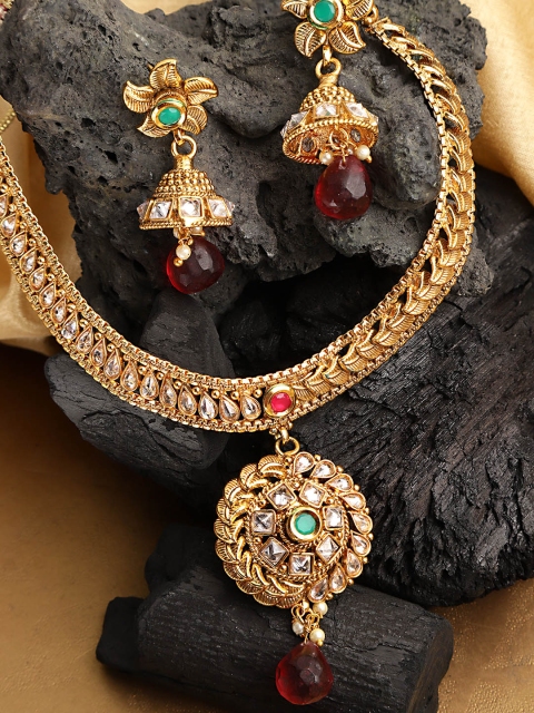 

Zobby Antique Gold-Plated Stone-Studded Handcrafted Textured Jewellery Set