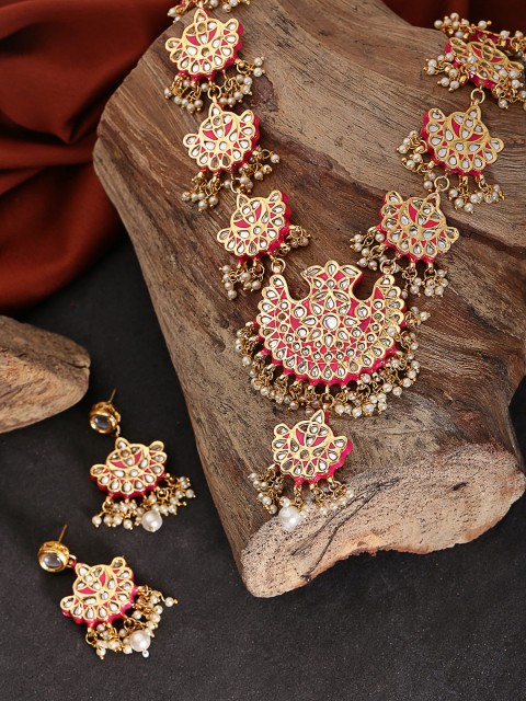 

Zobby Pink Gold-Plated Kundan-Studded Beaded Handcrafted Jewellery Set