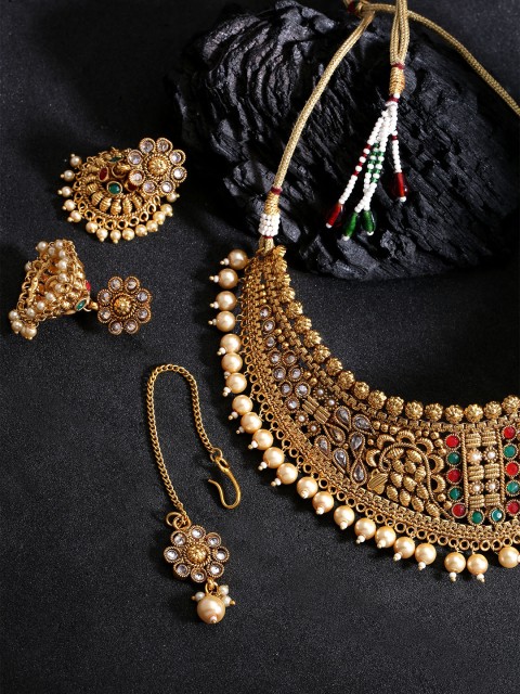 

Zobby Green Gold-Plated Stone-Studded Beaded Handcrafted Jewellery Set