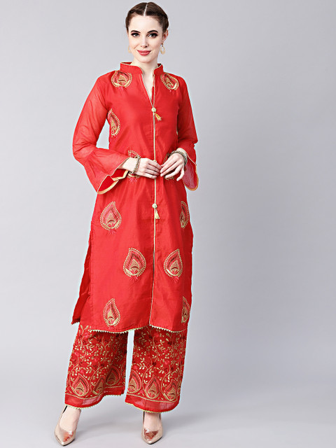 

Chhabra 555 Red & Golden Made To Measure Zari Embroidered Kurta Set