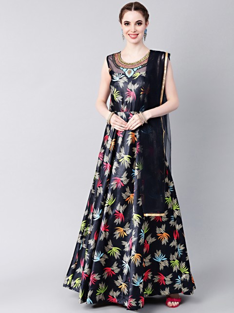 

Chhabra 555 Navy Blue & Beige Printed Made to Measure Cocktail Gown With Dupatta