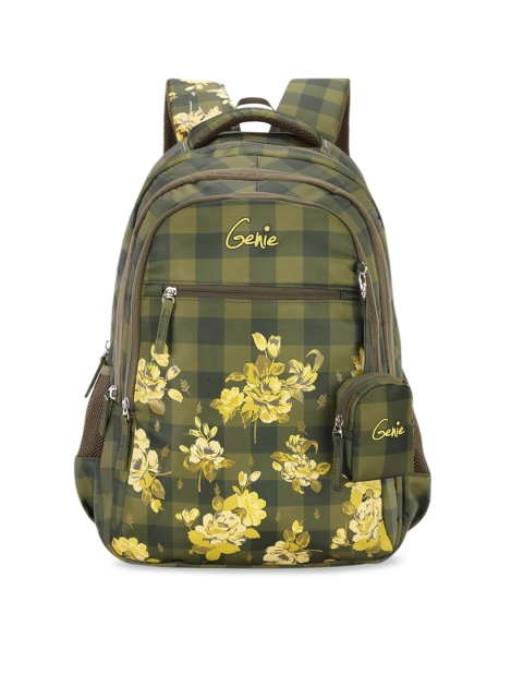

Genie Girls Olive Green & Yellow Checked 19 inches Large Backpack with Pouch