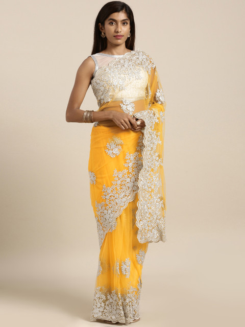 

Tikhi Imli Women Yellow & Silver-Coloured Net Embroidered Heavy Work Saree