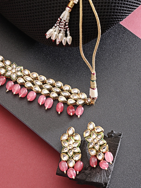 

FIROZA Women Pink Gold-Plated Kundan Studded Beaded Vilandi Jewellery Set