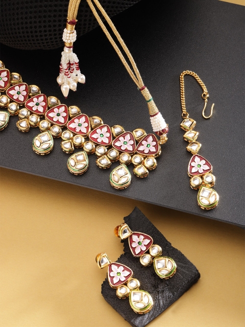 

FIROZA Women Maroon Gold-Plated Kundan Studded Meenakari Jewellery Set