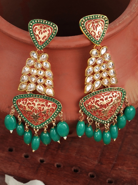 

FIROZA Gold-Toned & Green Stone-Studded Classic Drop Earrings