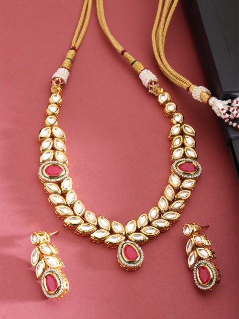 

FIROZA Women Pink Gold-Plated Kundan Studded Beaded Vilandi Jewellery Set