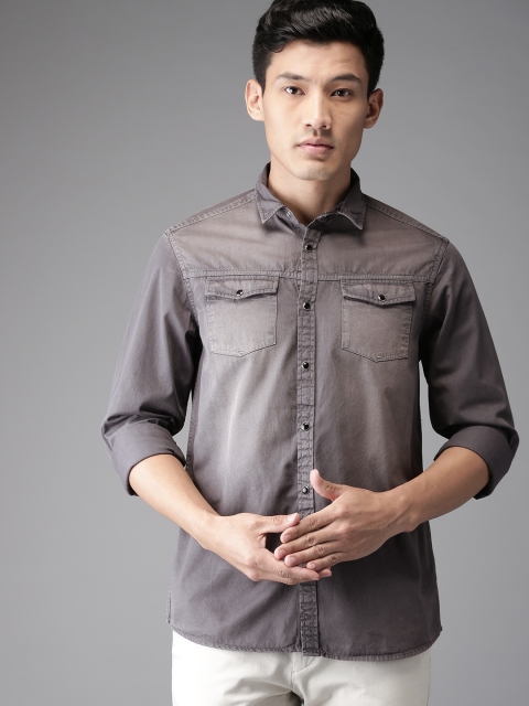 

THE BEAR HOUSE Men Grey Slim Fit Solid Casual Shirt